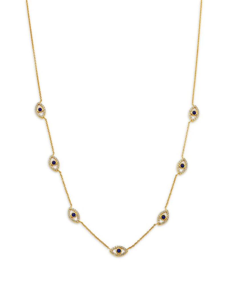 14K Yellow Gold Blue Lapis Lazuli And White Topaz Evil Eye Station Necklace, 18"-19"