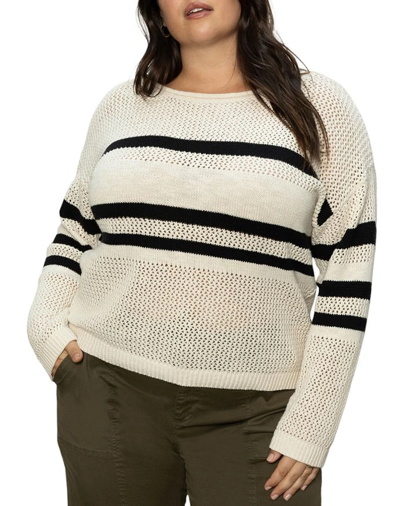Plus Sporty Stripe Open Knit Sweater