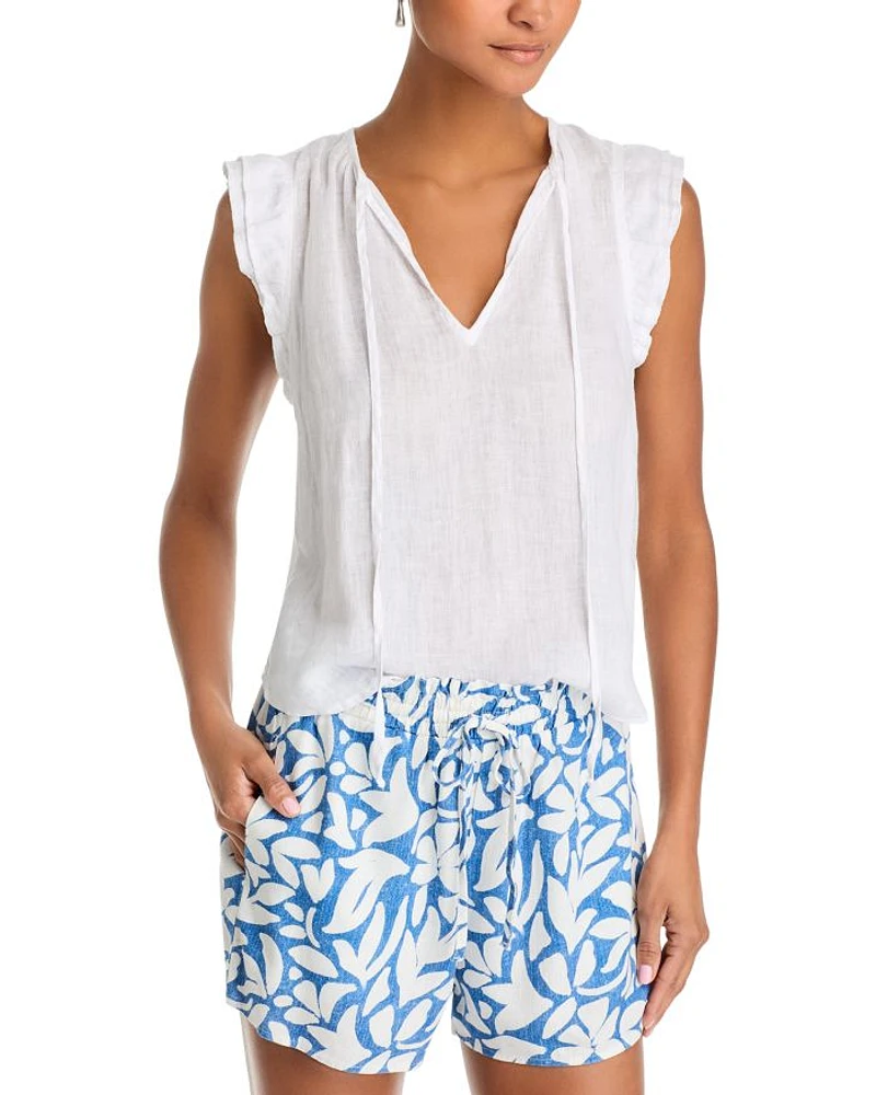 Linen Tie Neck Ruffle Sleeve Top