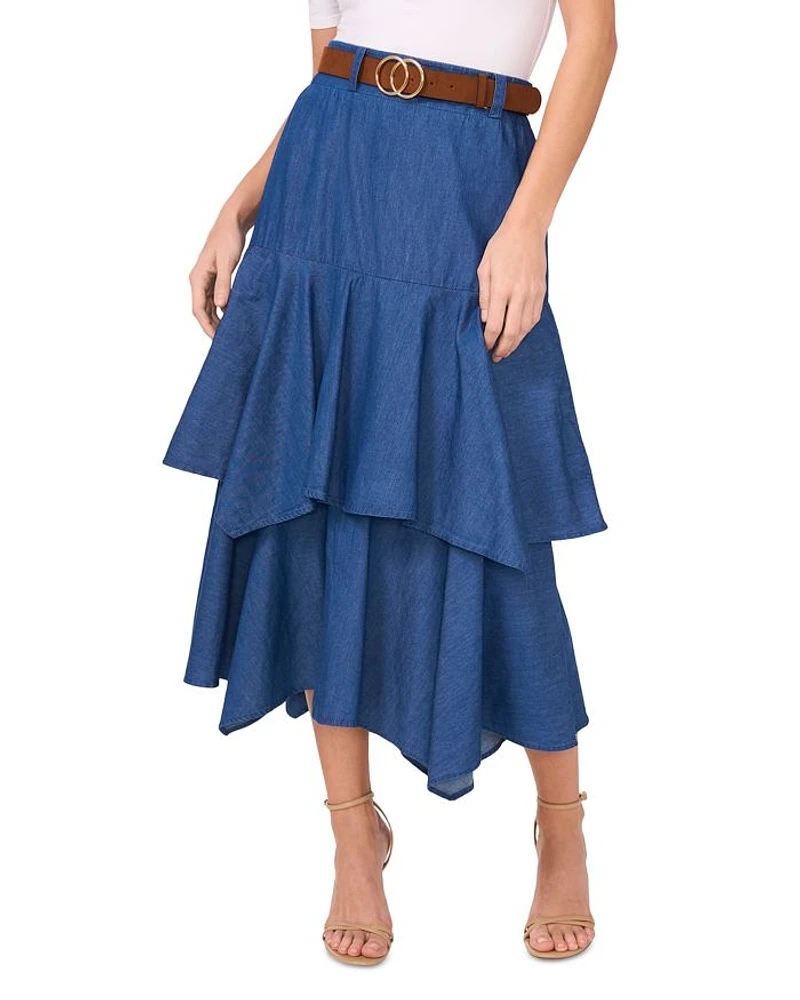 Three Tier Belted Denim Midi Skirt