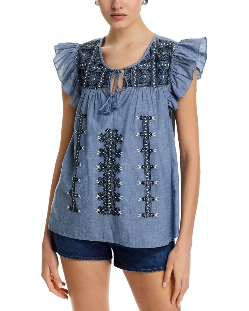 Chambray Embroidered Ruffle Top