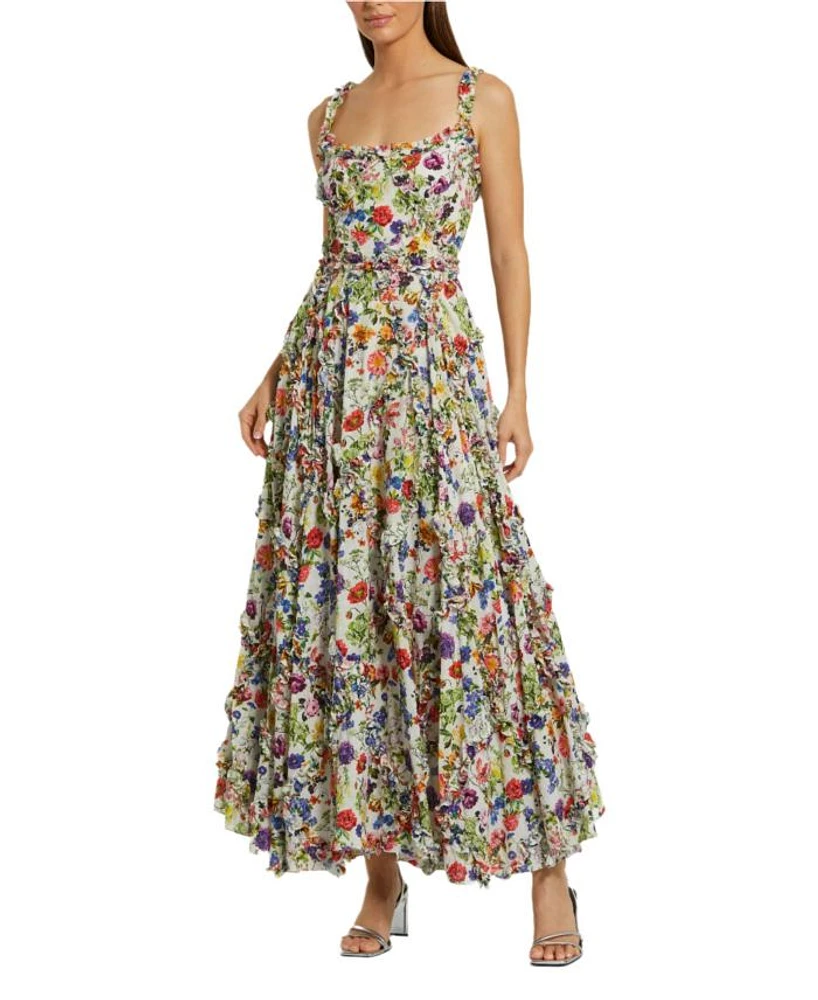 Ruffle Floral Sweetheart Neck Gown