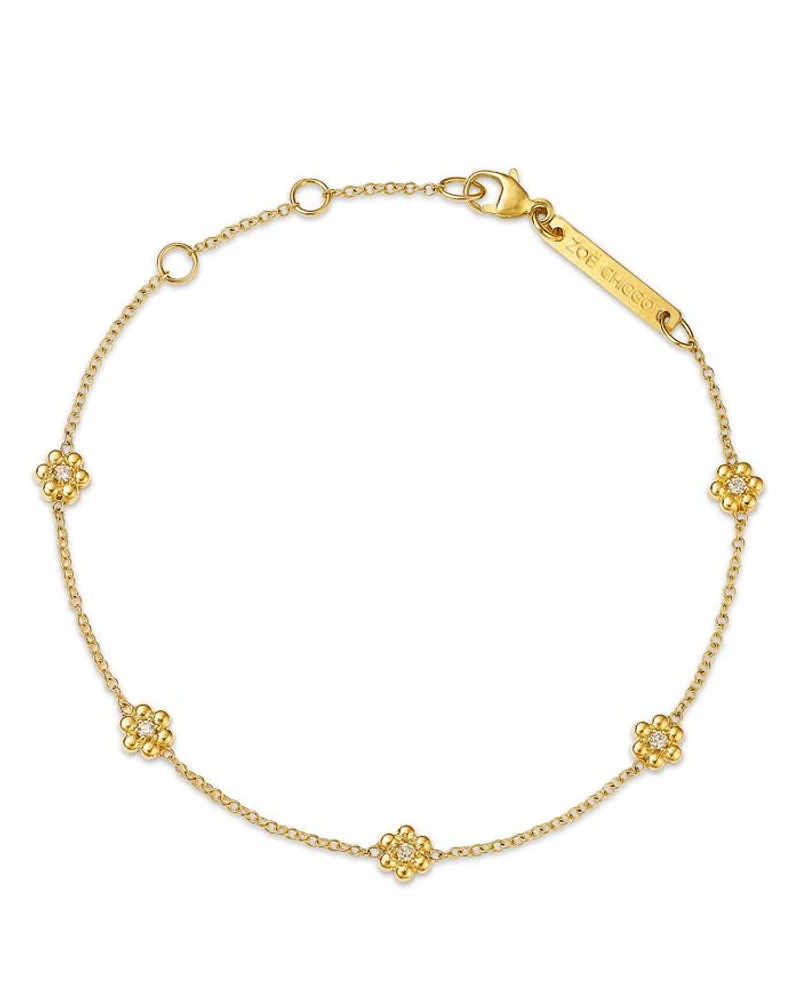 14K Yellow Gold Prong Diamonds Tiny Bead Flower Link Bracelet