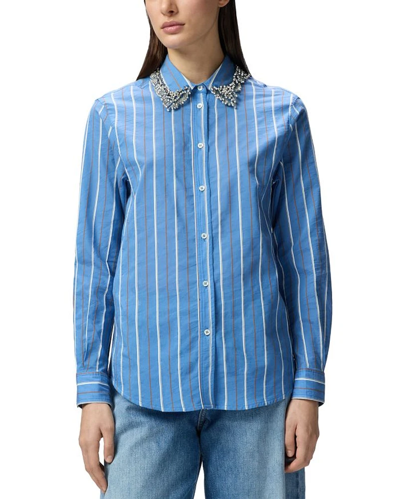 Rhinestone Collar Striped Blouse