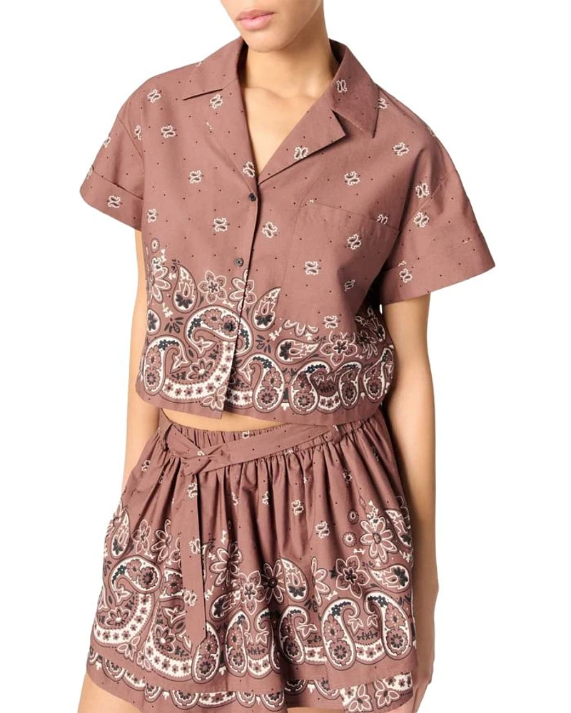 Patterned Rhinestone Cropped Shirt