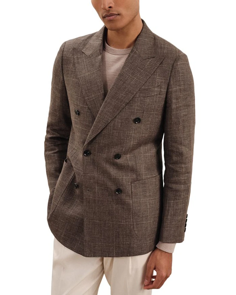 Ramsay Double Breasted Peak Check Linen Blazer