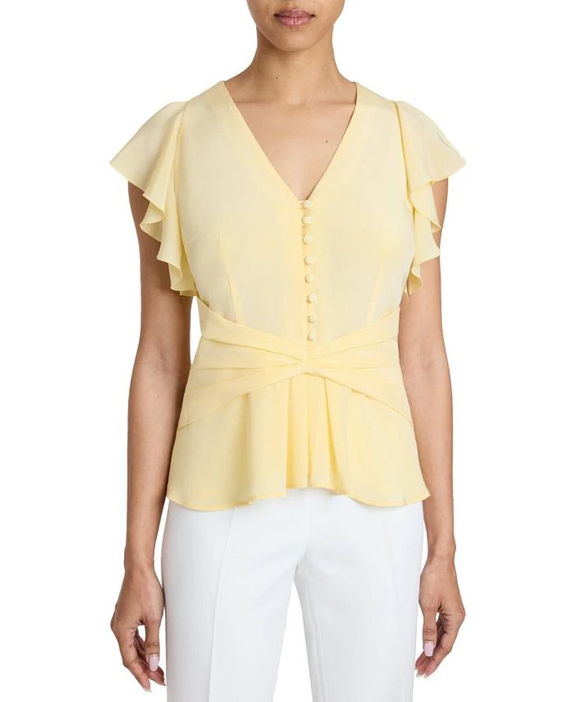 Ella Silk Flutter Sleeve Buttoned Blouse with Waist Panel
