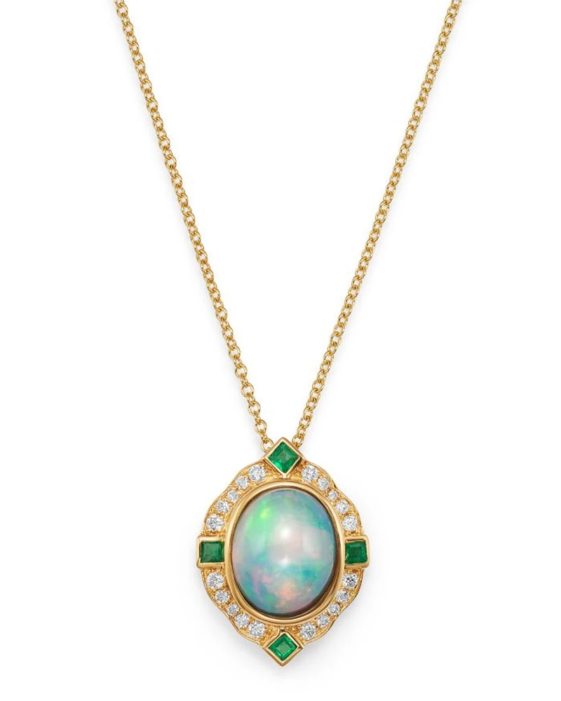 Ethiopian Opal, Emerald & Diamond Pendant Necklace in 14K Yellow Gold, 18"