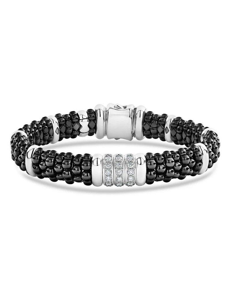Sterling Silver Black Caviar Collection Pavé Diamond & Ceramic Station Bracelet