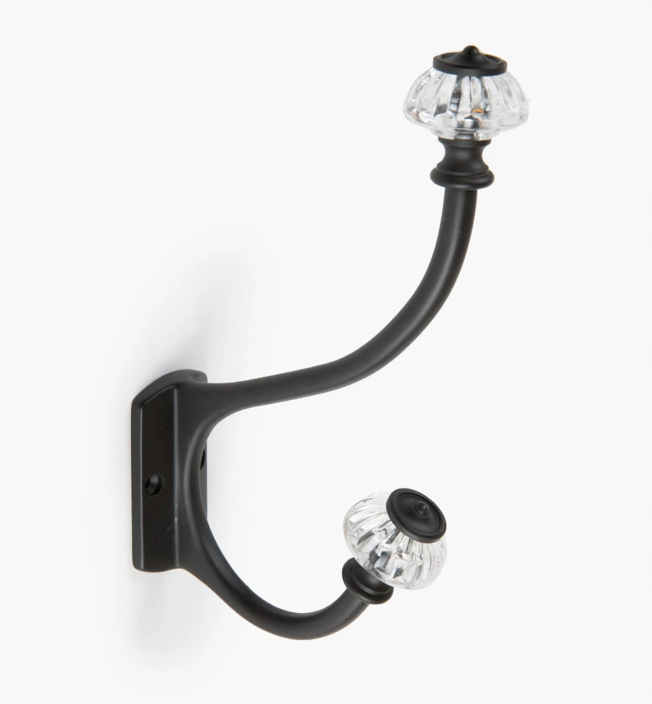Brass Coat Hook with Victorian Crystal Knobs