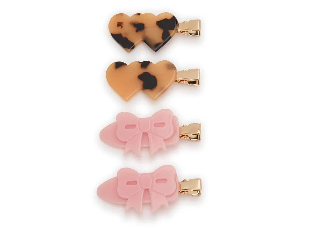Crease-Free Bow & Heart Hair Clips Set - 4 Pack