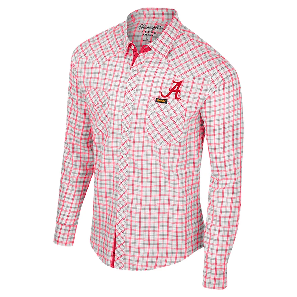Men's Colosseum x Wrangler White Alabama Crimson Tide Plaid Window Pane Long Sleeve Full-Snap Shirt