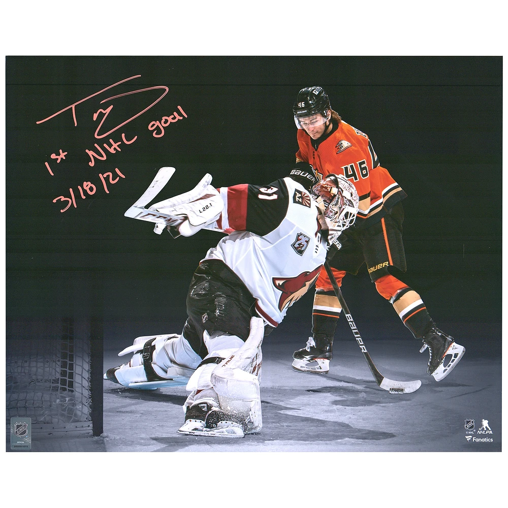 Trevor Zegras Anaheim Ducks Autographed 16" x 20" First Goal Spotlight Photograph with "1ST NHL GOAL 3/18/21" Inscription