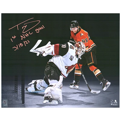 Trevor Zegras Anaheim Ducks Autographed 16" x 20" First Goal Spotlight Photograph with "1ST NHL GOAL 3/18/21" Inscription