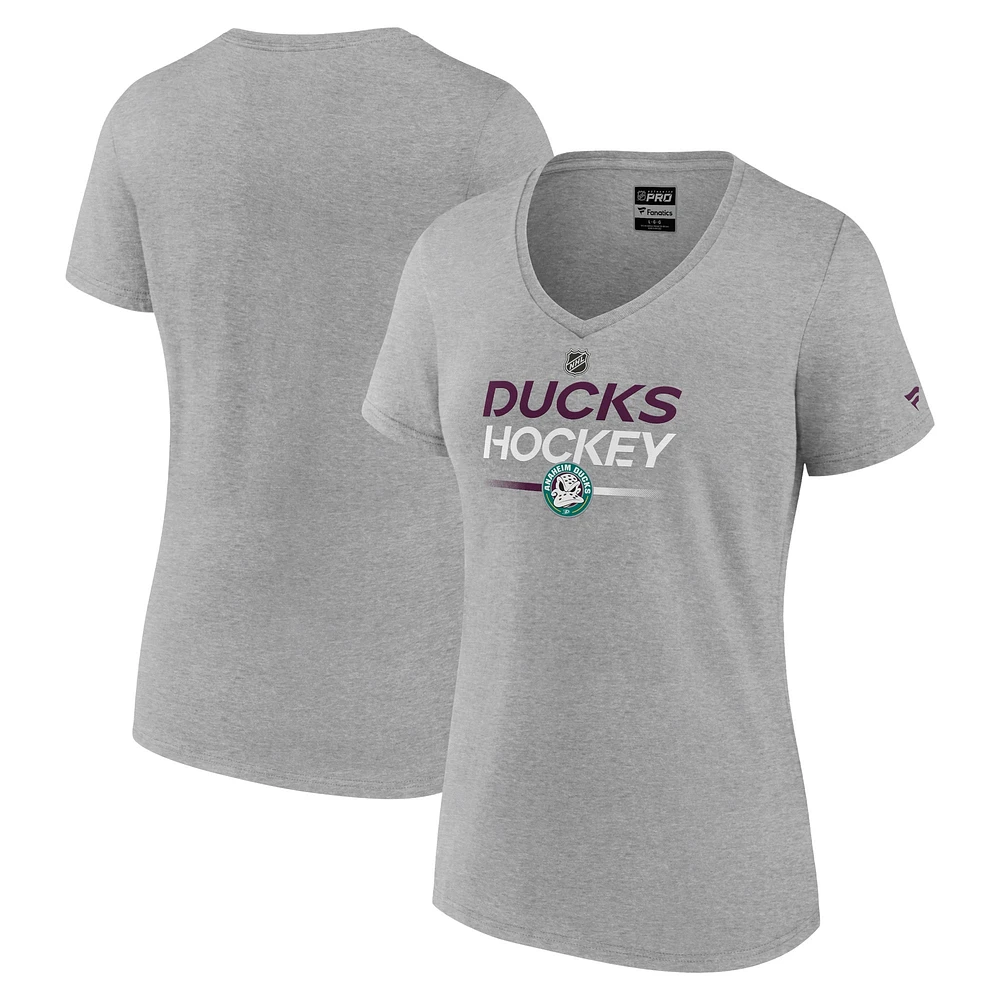 Women's Fanatics Heather Gray Anaheim Ducks Authentic Pro Wordmark V-Neck T-Shirt