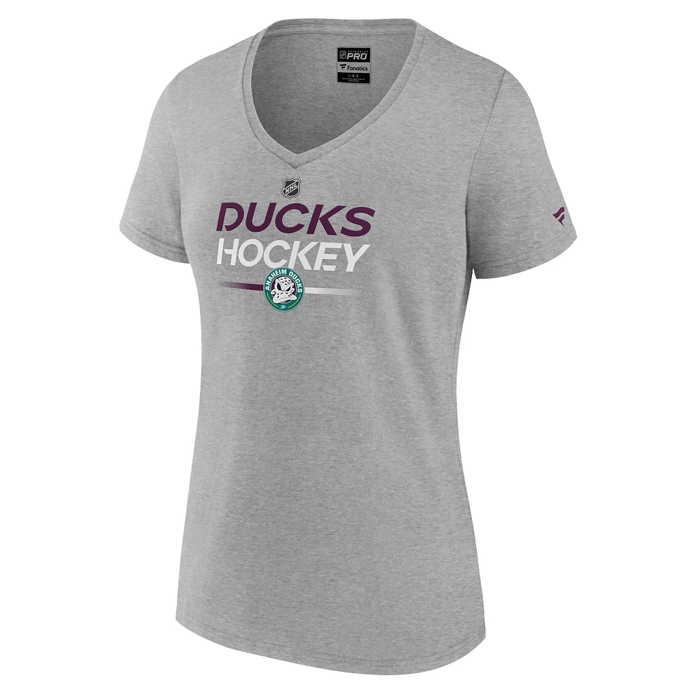 Women's Fanatics Heather Gray Anaheim Ducks Authentic Pro Wordmark V-Neck T-Shirt
