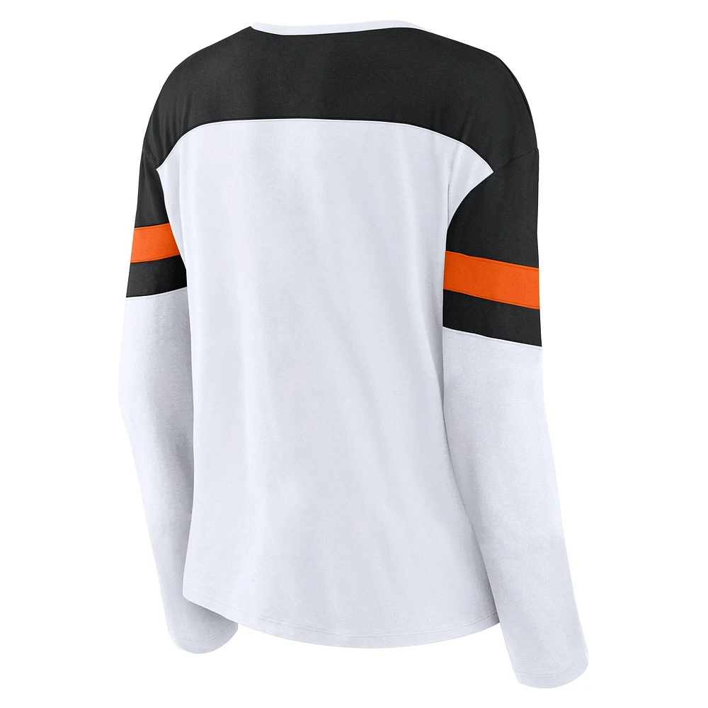 Women's Fanatics White/Black Anaheim Ducks Frozen Long Sleeve Notch Neck T-Shirt