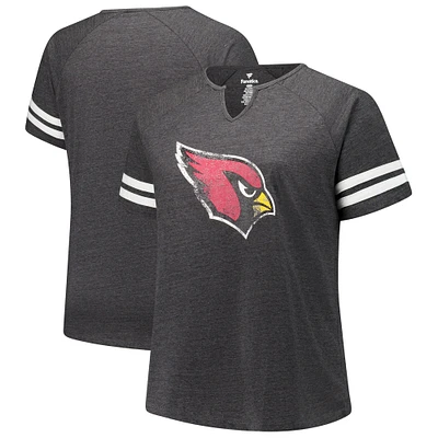 T-shirt à col cranté raglan rayé avec logo grande taille Fanatics Charcoal Arizona Cardinals pour femmes