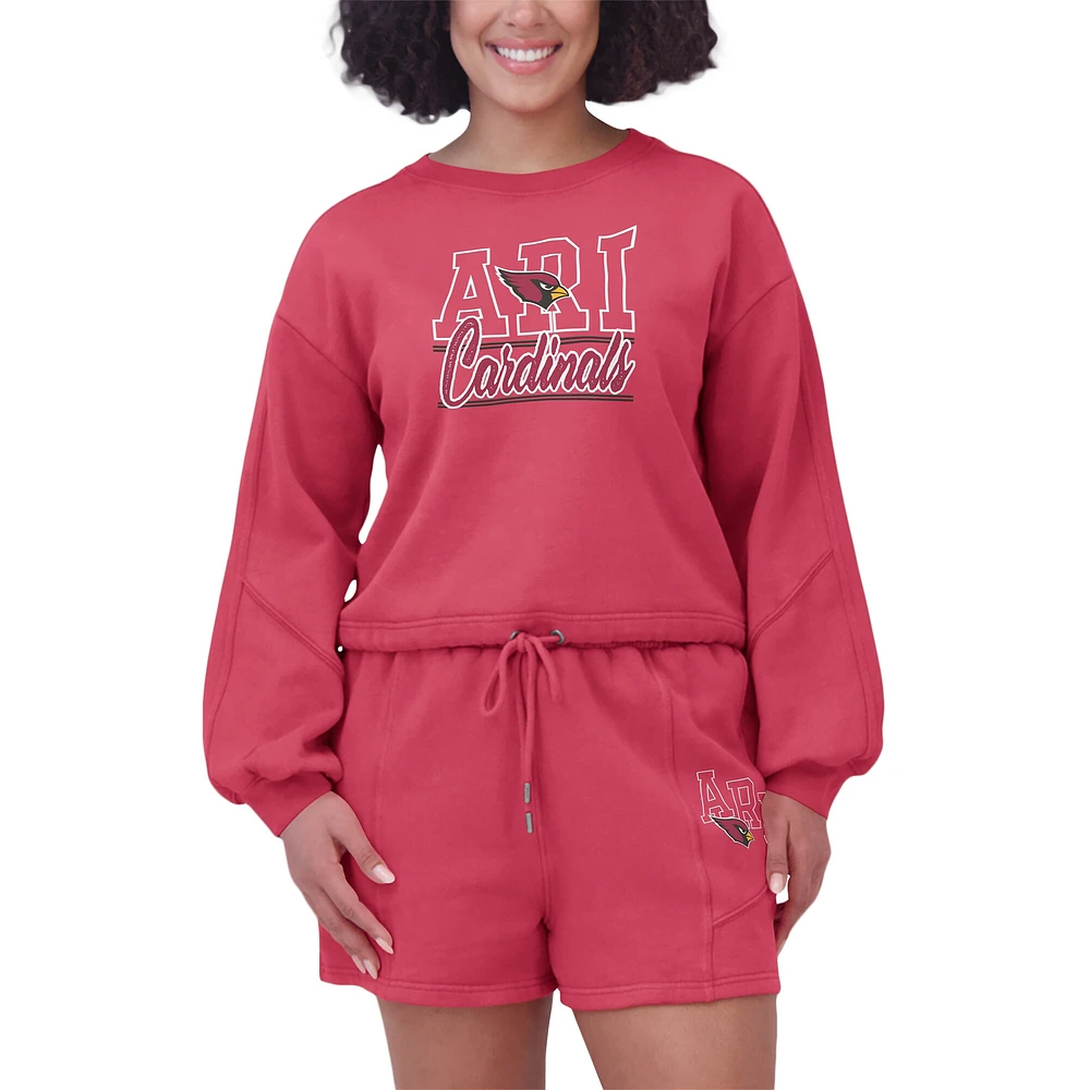 Women's WEAR by Erin Andrews Cardinal Arizona Cardinals Washed Fleece Long Sleeve T-Shirt & Shorts Lounge Set