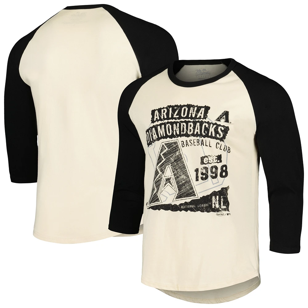T-shirt raglan à manches 3/4 Majestic Threads pour hommes, crème/noir, Arizona Diamondbacks