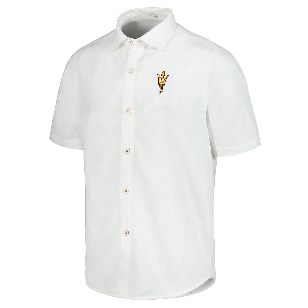 Chemise boutonnée Tommy Bahama blanche pour hommes des Sun Devils de l'Arizona State Coconut Point Palm Vista IslandZone Camp
