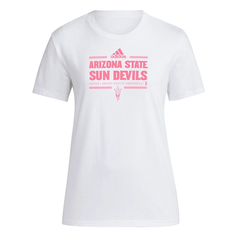 T-shirt adidas blanc pour femme Arizona State Sun Devils 2024 Breast Cancer Awareness Pregame