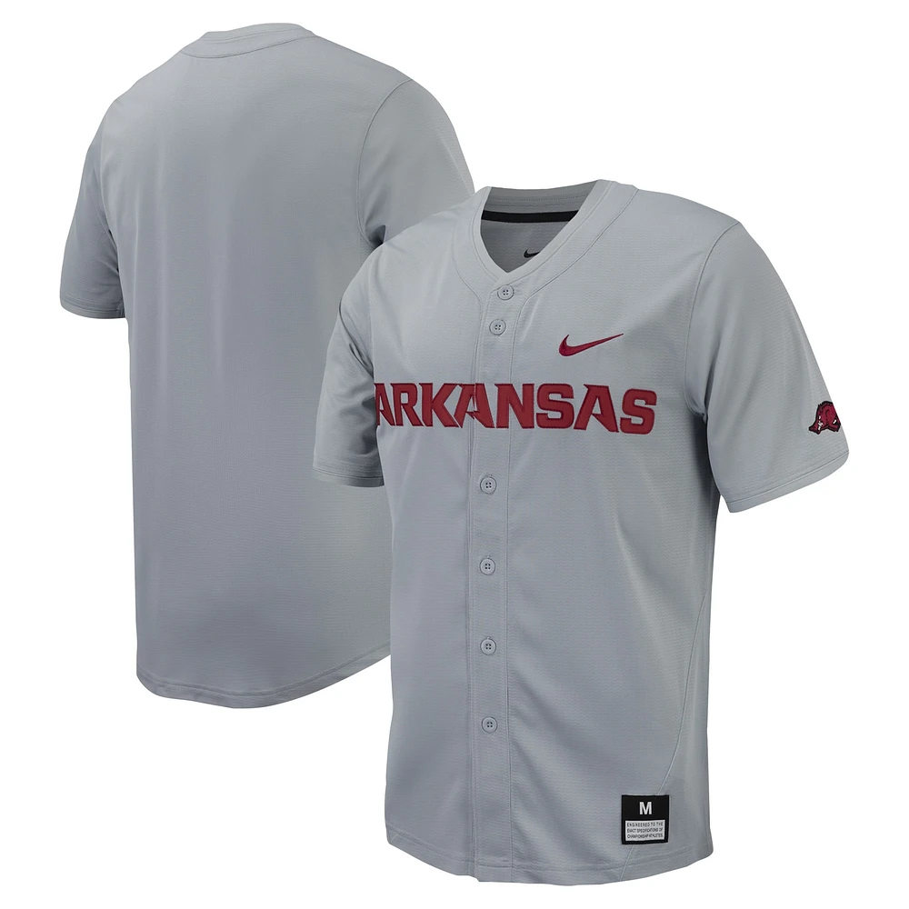Maillot de baseball réplique à boutons complets Nike pour hommes, gris, Arkansas Razorbacks