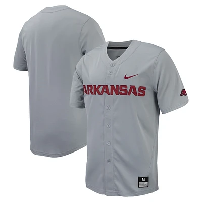 Maillot de baseball réplique à boutons complets Nike pour hommes, gris, Arkansas Razorbacks