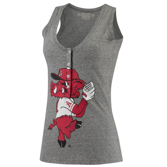 Débardeur décontracté à col en V Henley Tri-Blend pour femmes, Original Retro Brand Heathered Grey Arkansas Razorbacks