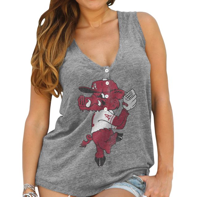 Débardeur décontracté à col en V Henley Tri-Blend pour femmes, Original Retro Brand Heathered Grey Arkansas Razorbacks