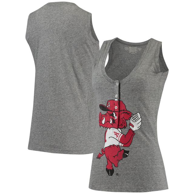 Débardeur décontracté à col en V Henley Tri-Blend pour femmes, Original Retro Brand Heathered Grey Arkansas Razorbacks