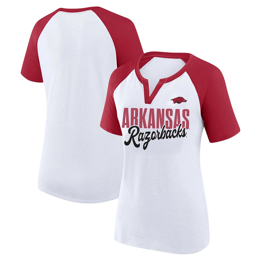 T-shirt à col cranté raglan pour femme Profile White/Cardinal Arkansas Razorbacks, grande taille, Best Squad