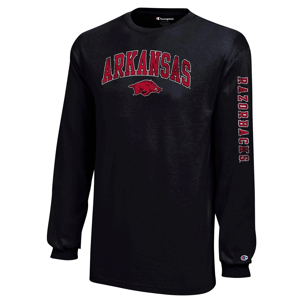 T-shirt à manches longues avec logo vieilli Arkansas Razorbacks, champion des jeunes, noir