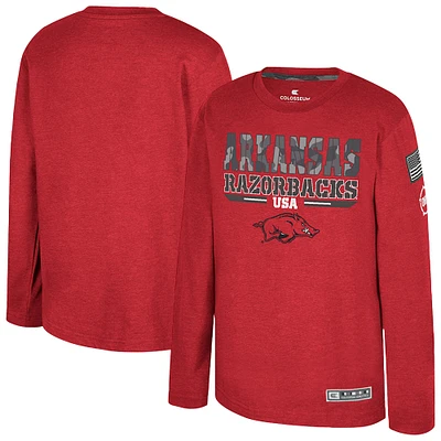 T-shirt à manches longues Oorah d'appréciation militaire de l'OHT du Youth Colosseum Heather Cardinal Arkansas Razorbacks