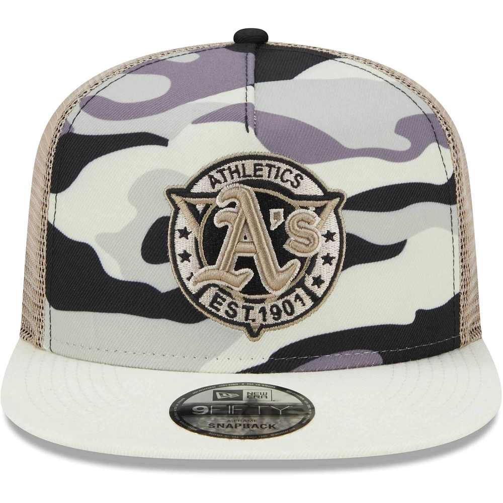 Men's New Era White Athletics Chrome Camo A-Frame 9FIFTY Trucker Snapback Hat