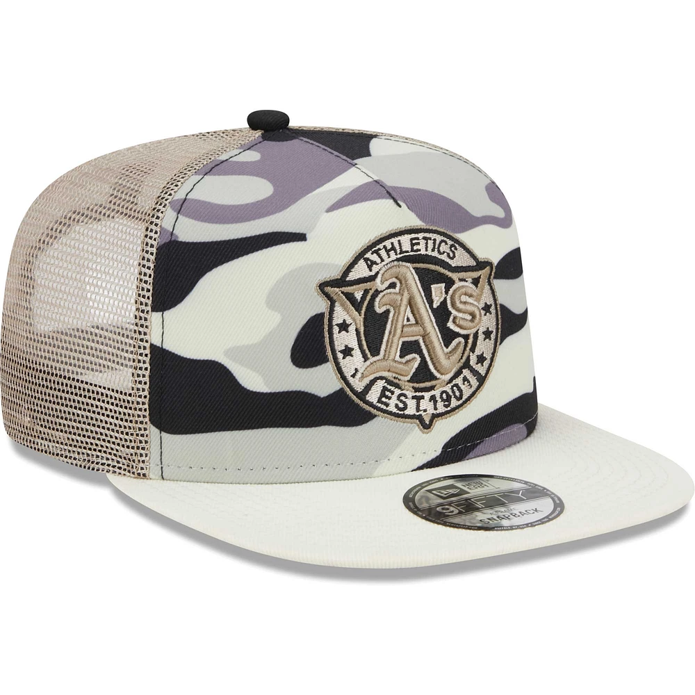 Men's New Era White Athletics Chrome Camo A-Frame 9FIFTY Trucker Snapback Hat