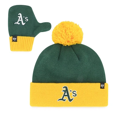 Ensemble bonnet à revers Bam Bam en tricot vert '47 Oakland Athletics pour tout-petit avec pompon et moufles