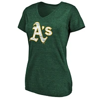 Women's Fanatics Heathered Green Athletics Core Weathered Tri-Blend V-Neck T-Shirt