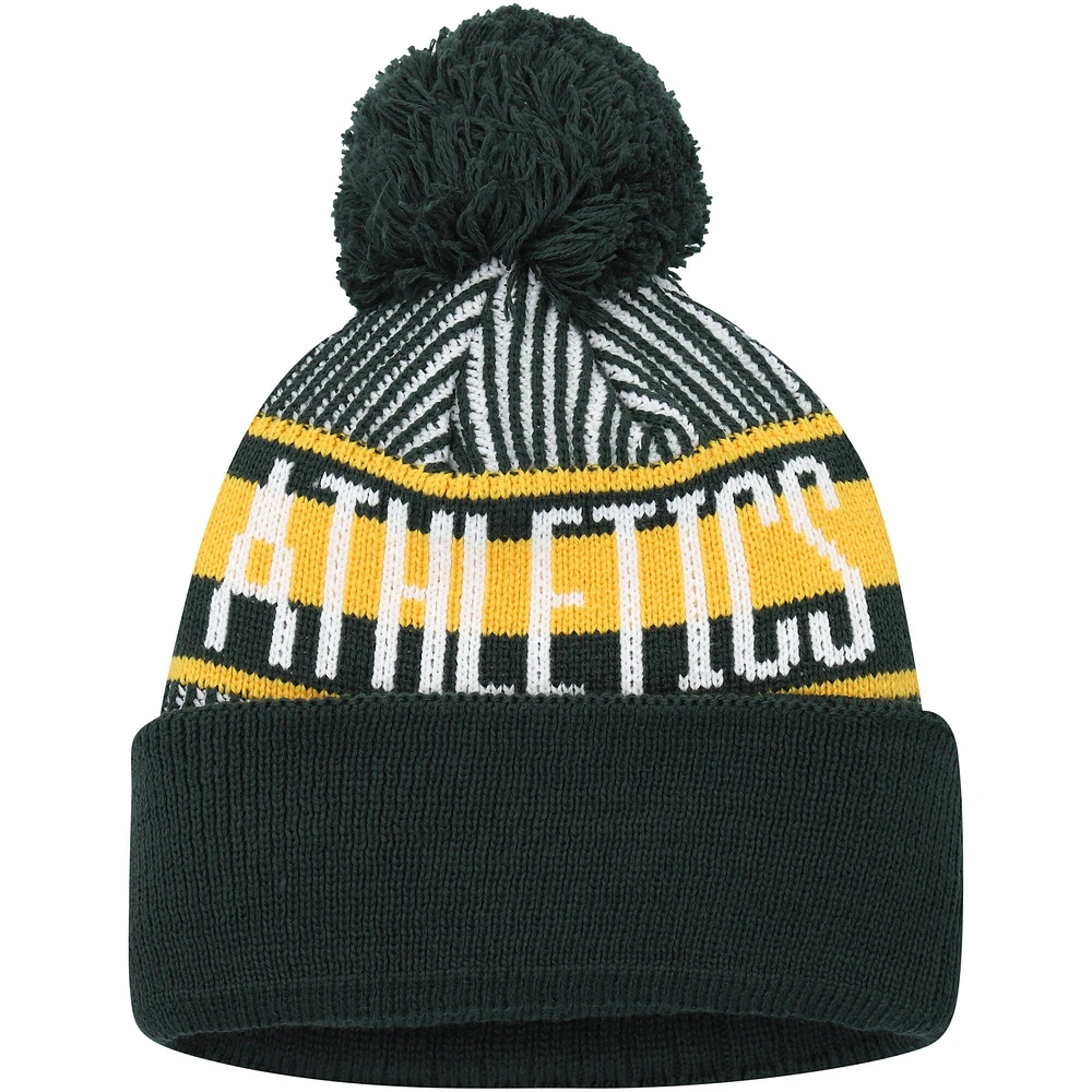 Youth New Era Green Athletics Striped Cuffed Knit Hat with Pom