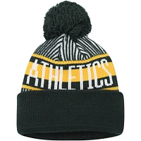 Youth New Era Green Athletics Striped Cuffed Knit Hat with Pom