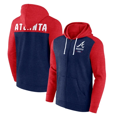 Men's Fanatics Heathered Navy/Heathered Red Atlanta Braves Blown Away Full-Zip Hoodie