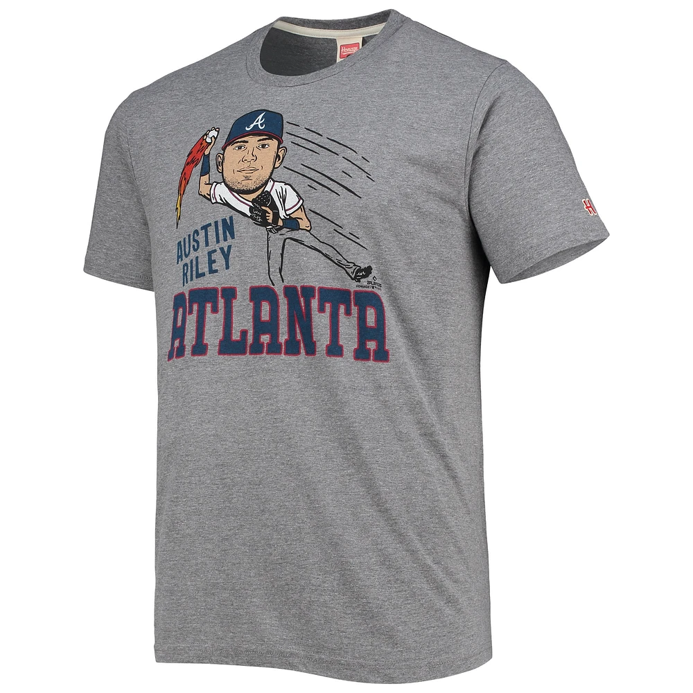T-shirt à trois mélanges Hommage pour hommes Austin Riley Gris Atlanta Braves Caricature