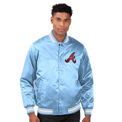 Veste universitaire en satin bleu clair Starter pour homme des Braves d'Atlanta, avec boutons-pression sur toute la longueur