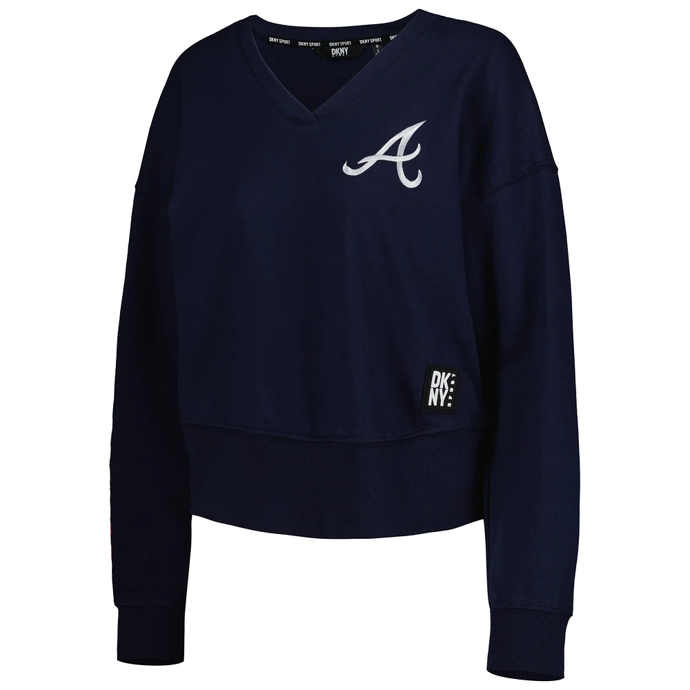 Women's DKNY Sport Navy Atlanta Braves Lily V-Neck Pullover Sweatshirt