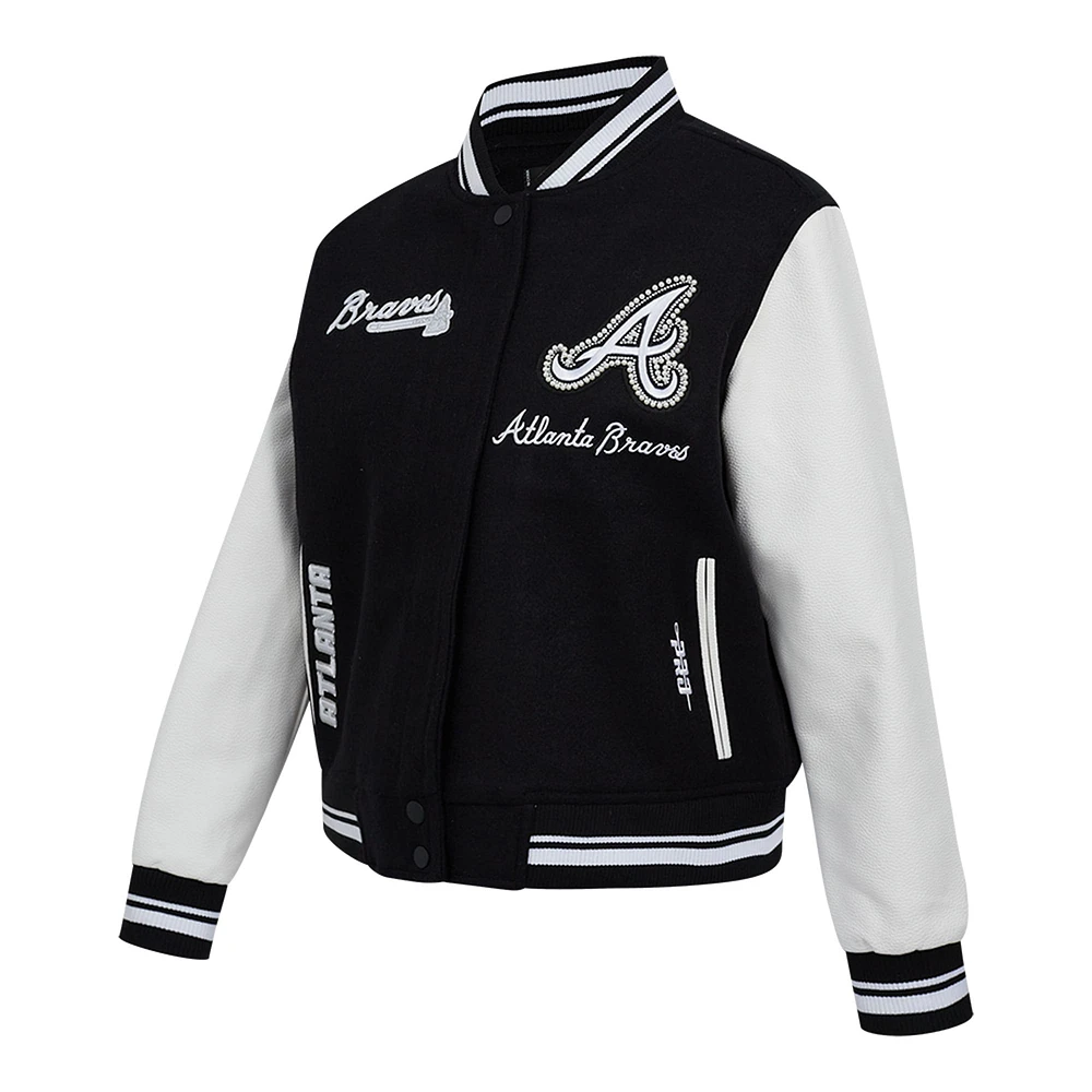 Women's Pro Standard Black Atlanta Braves Pearls Rib Wool Full-Zip Varsity Jacket