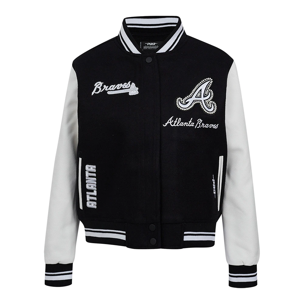Women's Pro Standard Black Atlanta Braves Pearls Rib Wool Full-Zip Varsity Jacket