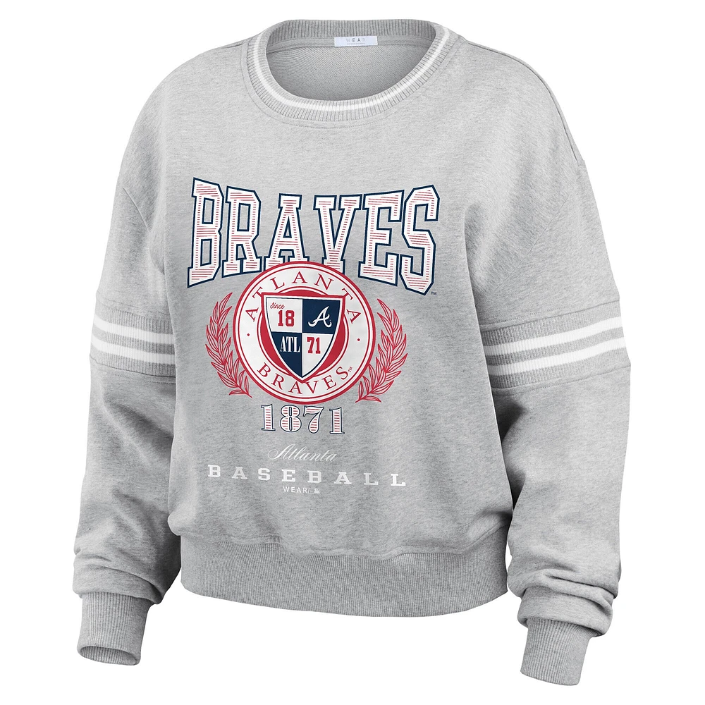 Women's WEAR by Erin Andrews Heather Gray Atlanta Braves Domestic Crest Pullover Sweatshirt