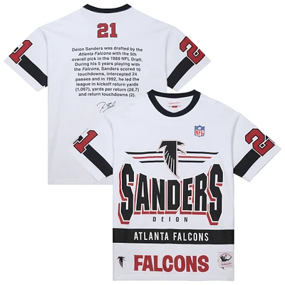 Men's Mitchell & Ness Deion Sanders White Atlanta Falcons Name Number Team Origins Vintage Logo T-Shirt