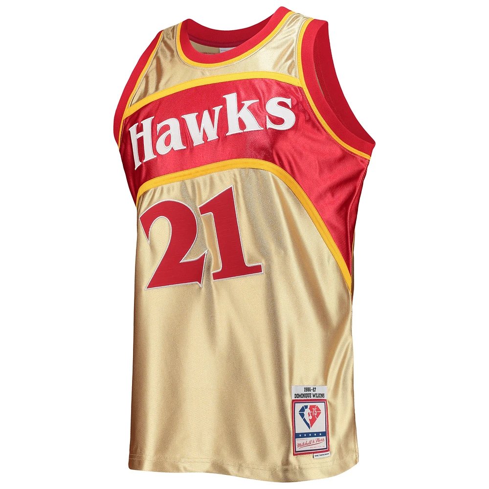 Men's Mitchell & Ness Dominique Wilkins Gold Atlanta Hawks 75th Anniversary 1986/87 Hardwood Classics Swingman Jersey