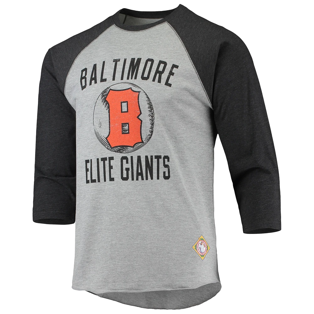 Men's Stitches Heathered Gray/Black Baltimore Elite Giants Negro League Wordmark Raglan 3/4-Sleeve T-Shirt